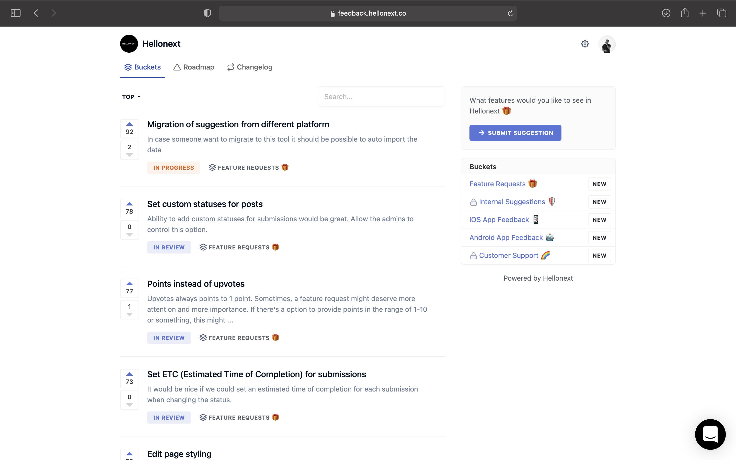 Hellonext feedback boards software screenshot